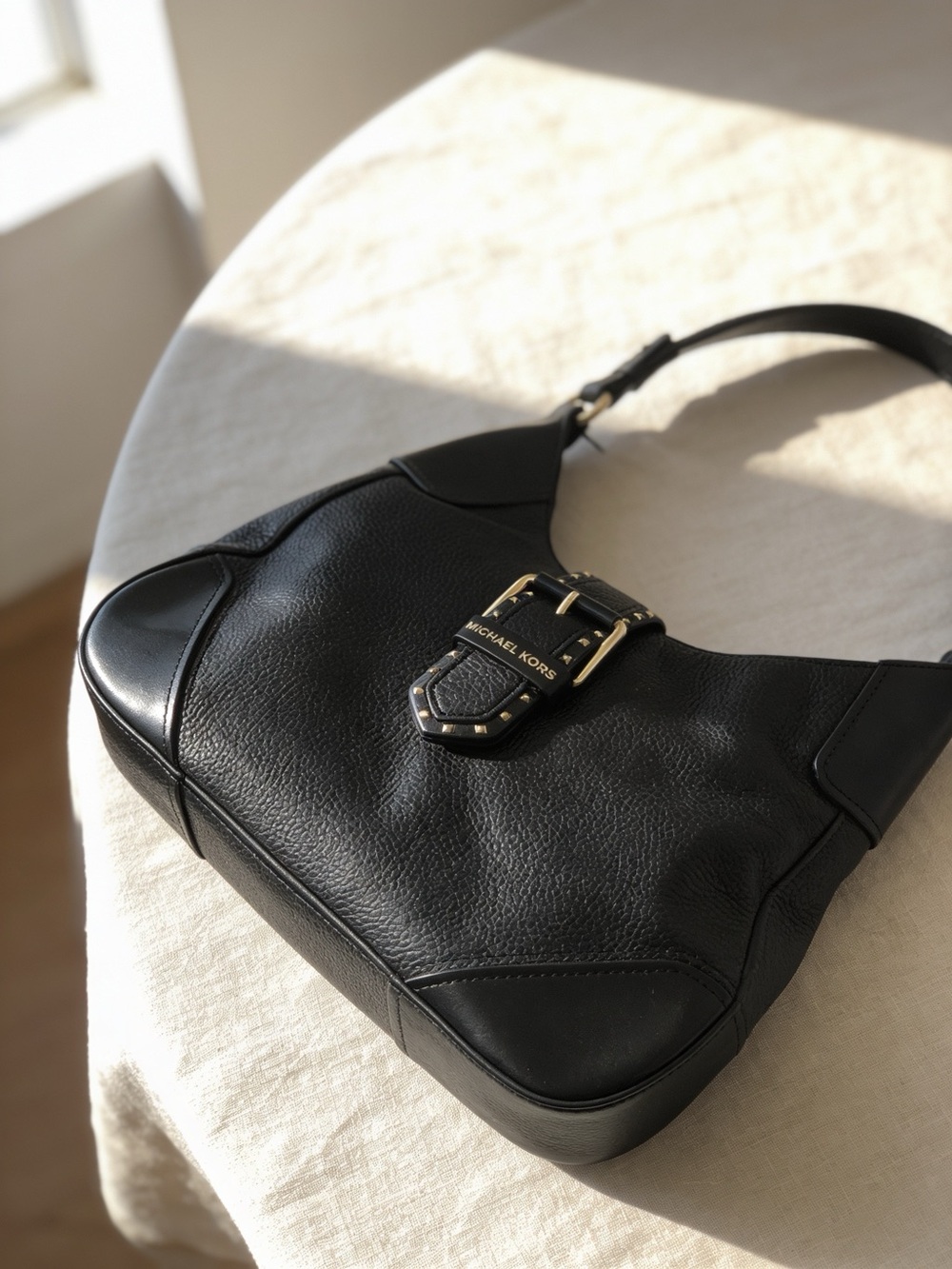 Michael Kors Black Soft Pebble Leather Shoulder Bag with Gold Studded Accents